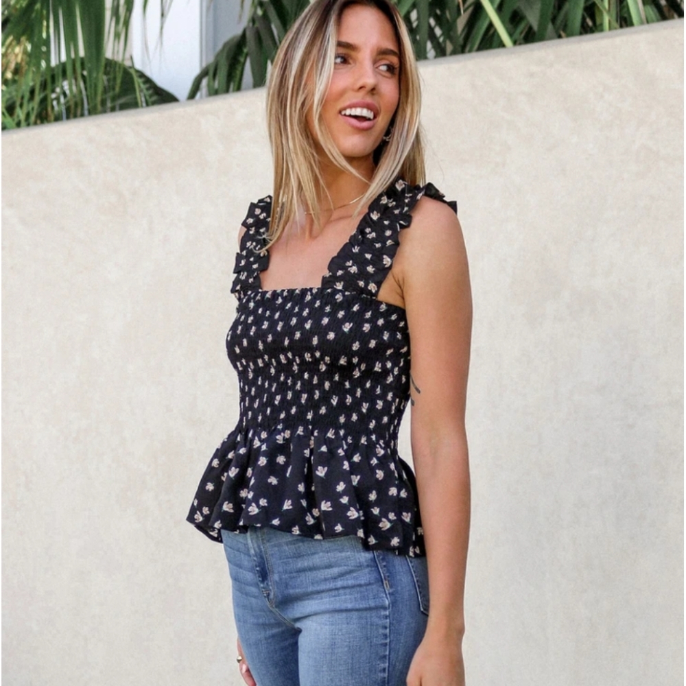 New Navy Floral Smocked Ruffled Tank Top - Picture 4 of 11